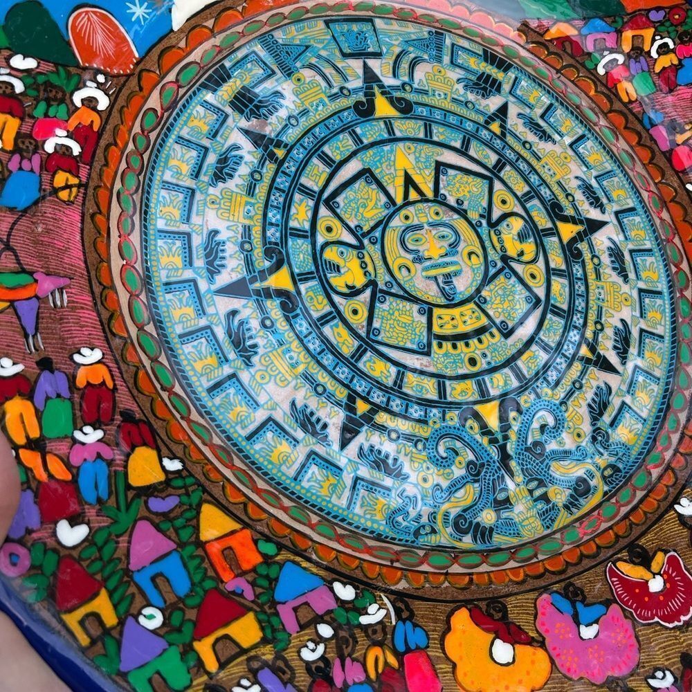 Mexican Folk Art Plate Terracotta Pottery Wall Hanging Hand Painted 16” - Picture 3 of 16